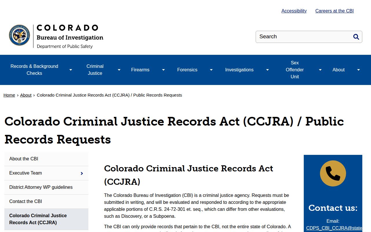 Colorado CBI CCJRA public records request page for criminal justice records