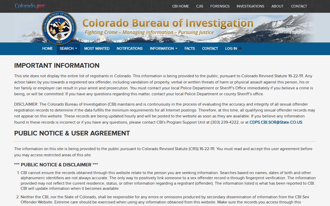 Colorado CBI sex offender registry search agreement page for official registry status checks